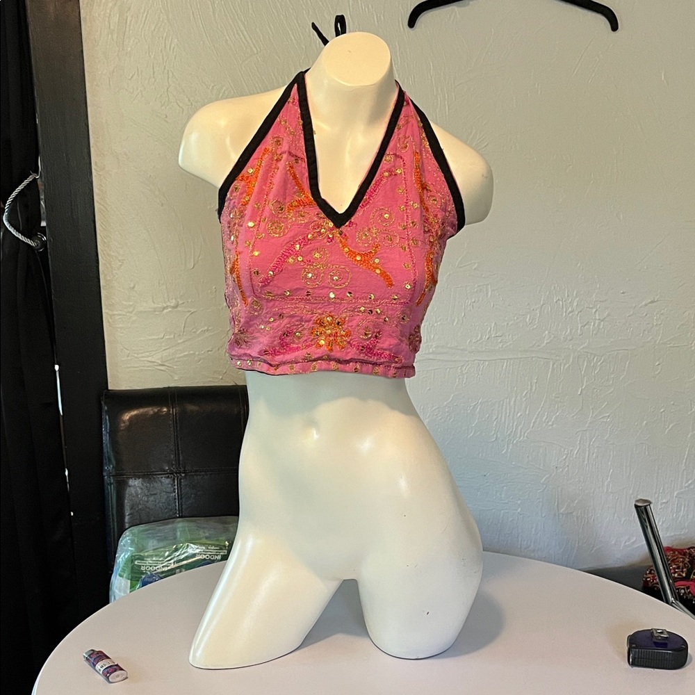 Embellished Pink Halter Crop Top